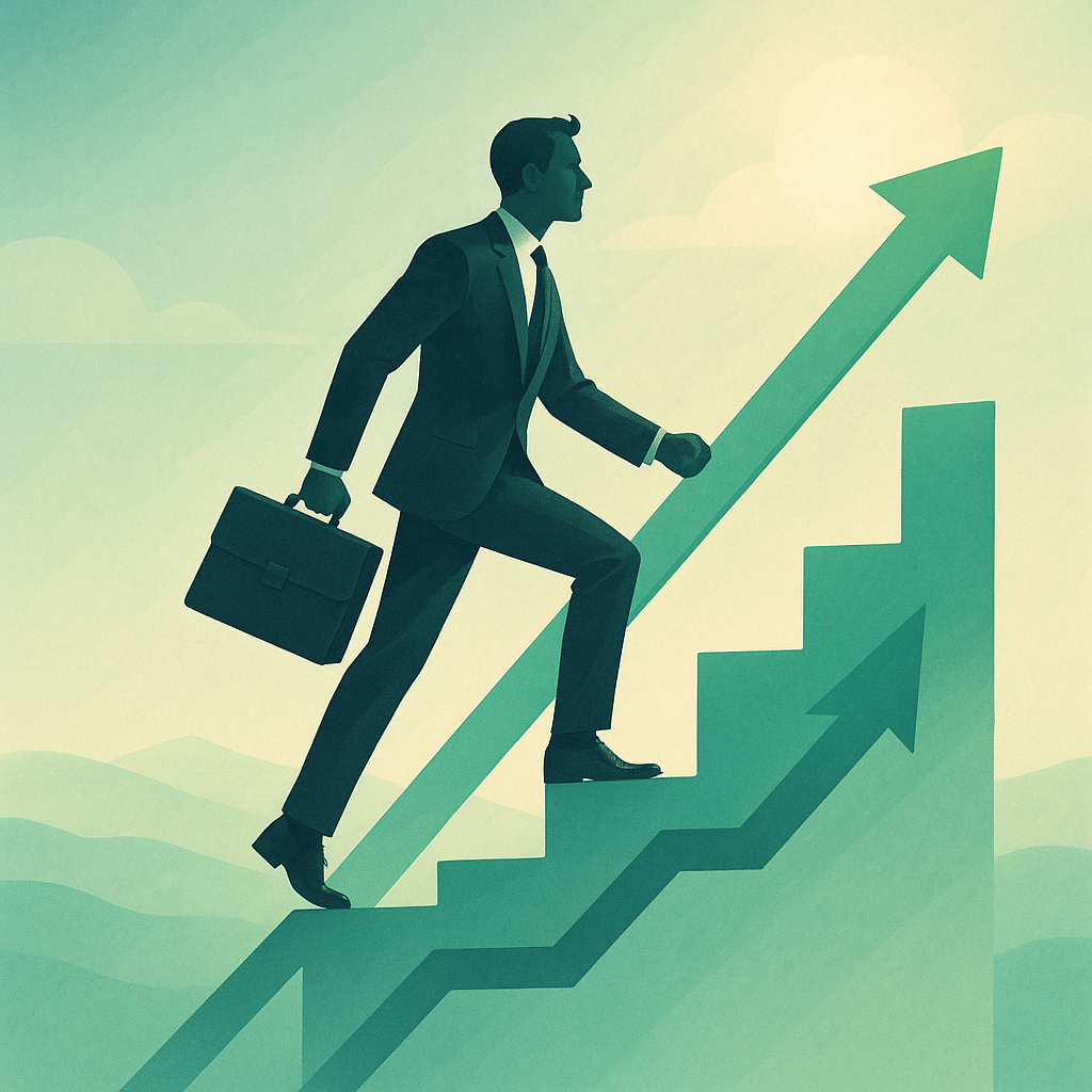 A determined businessman strides confidently up a rising chart his suitcase in hand symbolizing ambition and success The scene is set against a backdrop of calming Zenbridge colorssoft greens and blues that evoke tranquility The composition captures-1 A determined businessman strides confidently up a rising chart his suitcase in hand symbolizing ambition and success The scene is set against a backdrop of calming Zenbridge colorssoft greens and blues that evoke tranquility The composition captures-1