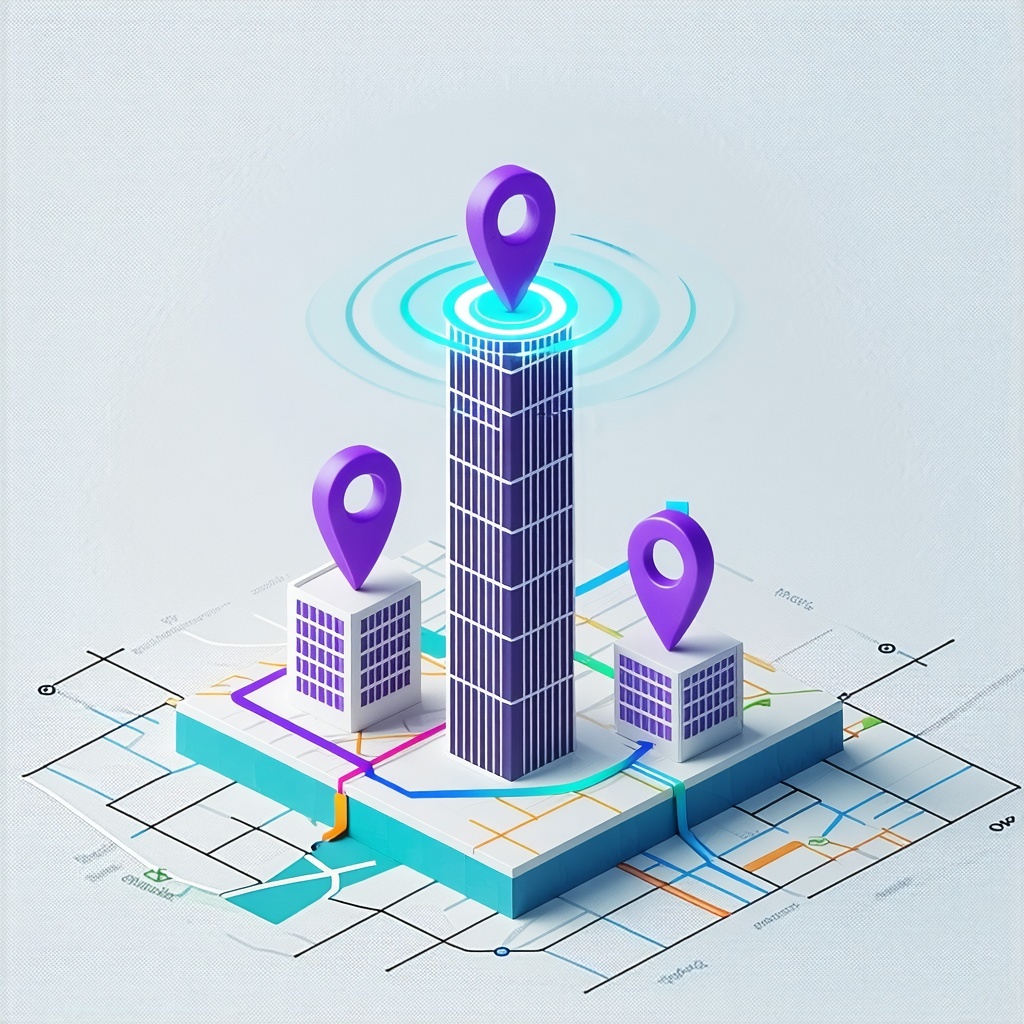 Herobanner illustration 16  9 semiflat vector styleMinimalist city map in cool light greys F5F8FA streets DDE3E8 blocksThree vivid purple pins 7B1FA2 form an upwardslanted arrow pointing to a sleek glass office tower tinted brand teal 00C5B5Subtle te-1