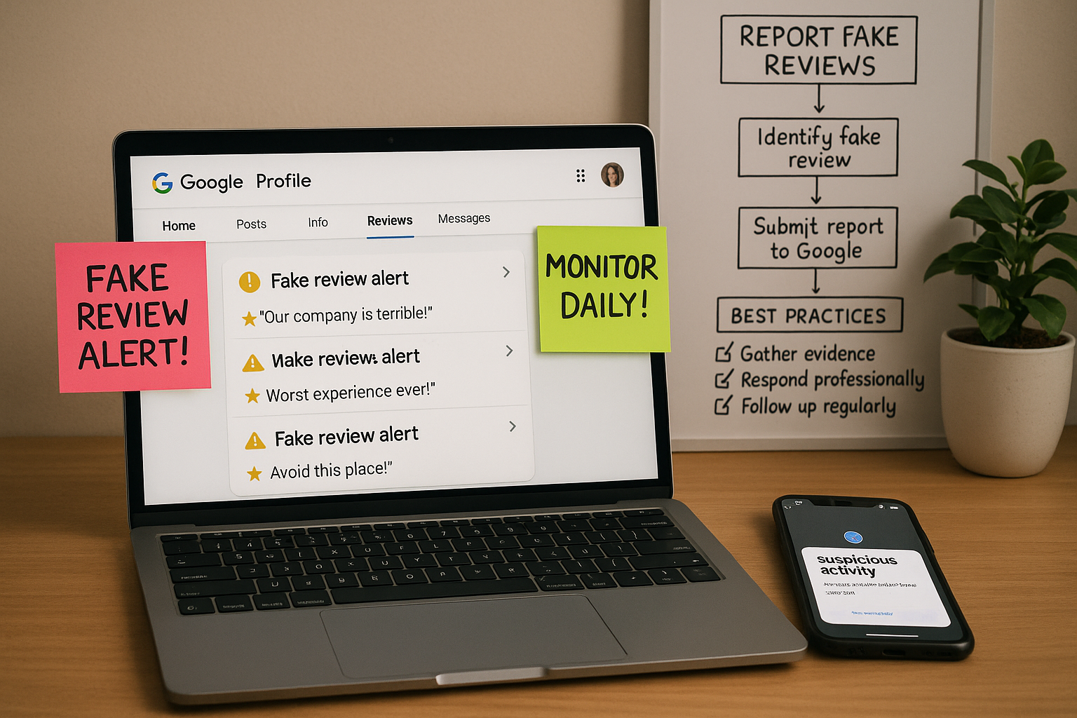 “Laptop with Google reviews flagged as fake, Uprank app alert, and notes ‘Fake Review Alert’ and ‘Monitor Daily’.”